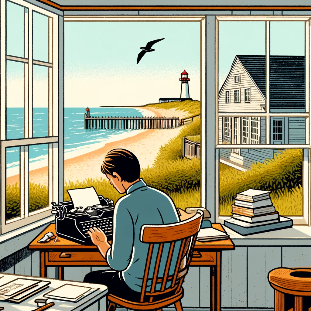 a cartoon style image of quaint writing workshop on Nantucket. The scene includes a cozy cottage with a view of the sea and a lighthouse in the distance. A person sits at the window, writing at a wooden desk.